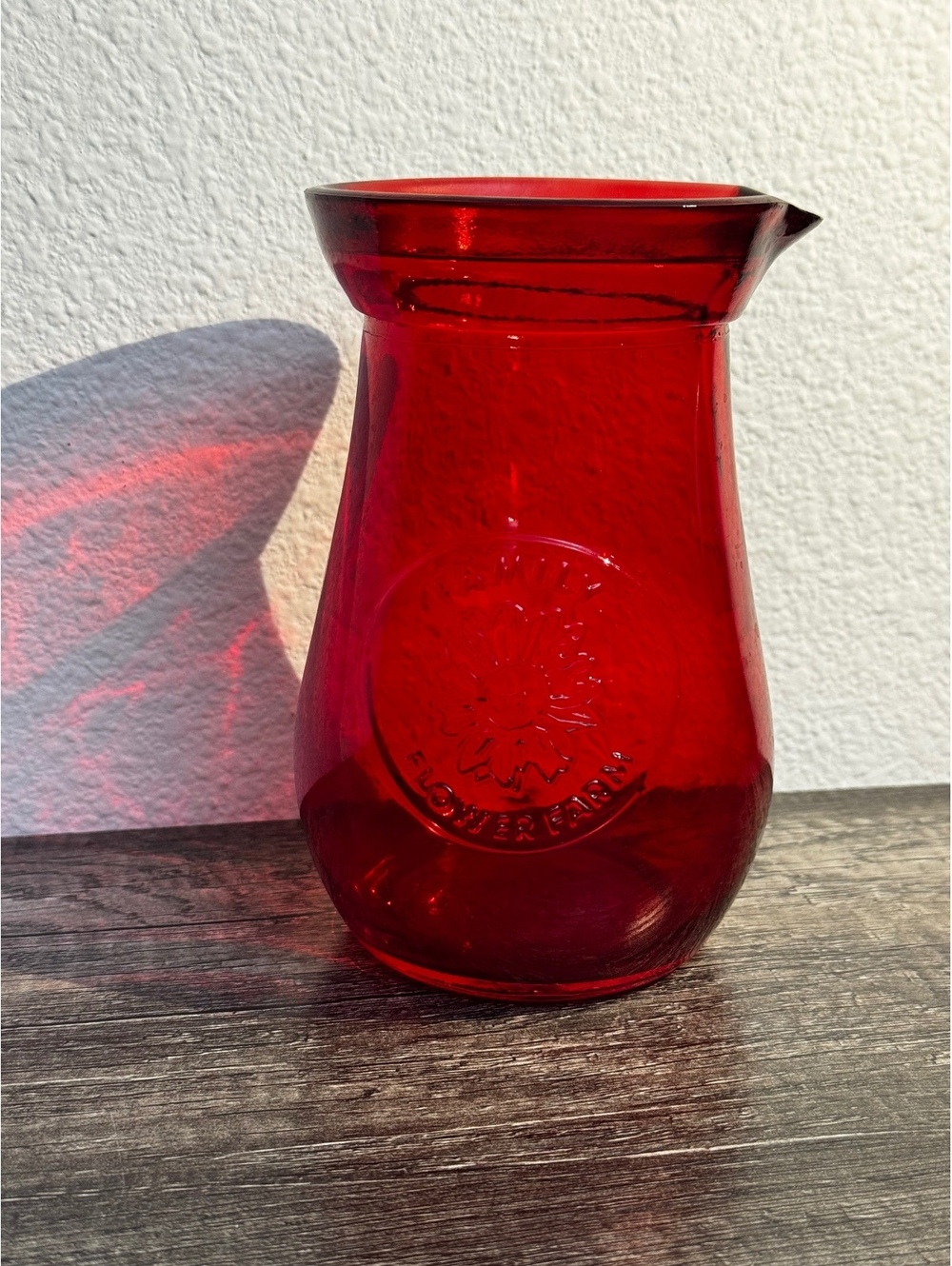 Kendall Farms Family Flower Farms Red Glass Pitcher Vase Embossed 6 Inch